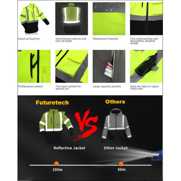 55inch Safety Reflective Jacket Removable Hood Sleeves Hi Vis Waterproof Lightweight Jacket