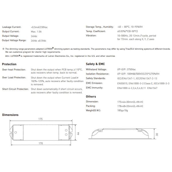 Portable Smart Led Driver , 24v Constant Voltage Dimmable Led Driver 36 Watt