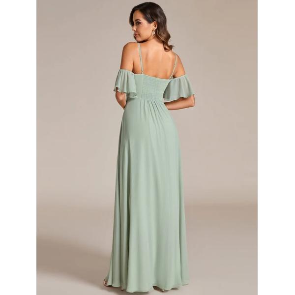 Empire A-line Ruffled Off-shoulder Spaghetti Strap Criss-cross Ruffles Sleeve Mint Green Chiffon Bridesmaid Dresses