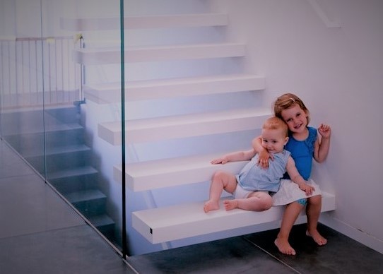 Walnut Wood Treads Floating Steps Staircase Tempered Glass Railing Residential