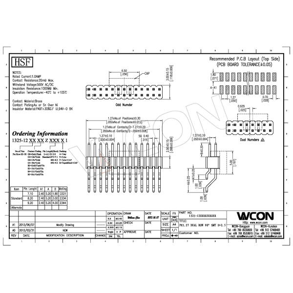 Dual Row SMT Right Angle Header Connector 1.27 Mm Pitch PA9T 2x20 Pin