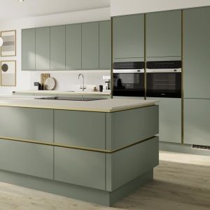China Modern Matt Handleless Green Kitchen Design Unit Cabinet Door Modular Lacquer Kitchen Cabinet on sale