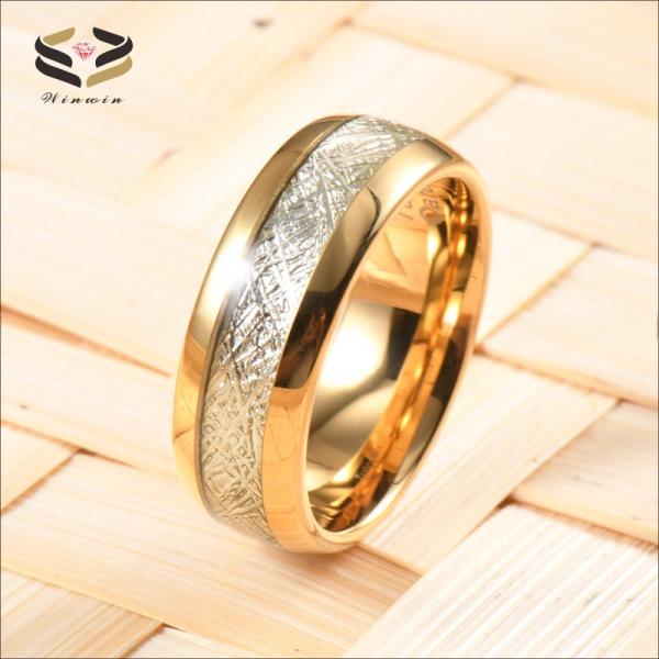 8mm Gold Tungsten Carbide Ring with Meteorite Inlay Sophisticated Addition to Religious Wedding Bands