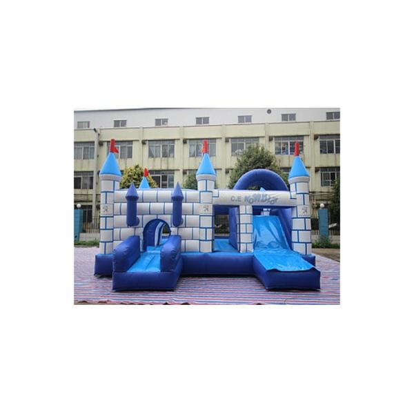 Blue And White City Wall Inflatable Bounce Combo With Slide / Backyard Jumping