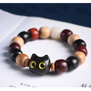 Small Leaf Red Sandalwood Bracelet Cute Cat Engraved Ebony Wood Protection