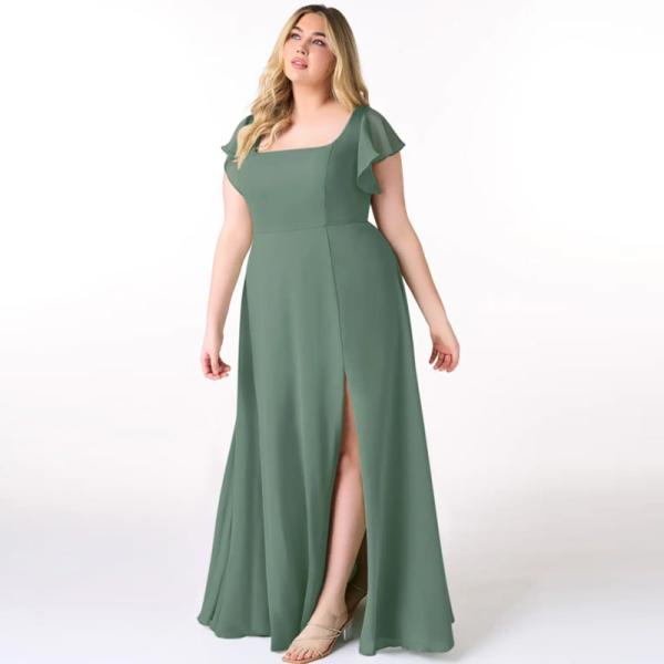 New Arrived Summer Flowy Ruffled Chiffon Long Evening Dress Cap Sleeve Square Neck Ruched