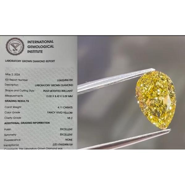 Buy 4CT CVD Yellow Lab Grown Diamond Pear Shape Fancy Vivid Yellow Diamond Rings Necklace at wholesale prices