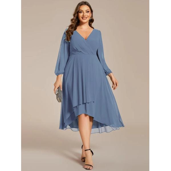 Plus Size Ruffled A-line Long Sleeve V-neck High Low Wedding Guest Dusty Navy Chiffon Evening Dress
