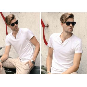 White V Neck Mens T - Shirts Crease Resistant Not Deformed Five-Quarter Sleeve