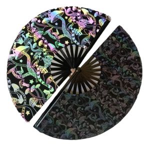 Reflective Iridescent Mushroom Bamboo Fabric Customized Hand Fan Foldable 33cm