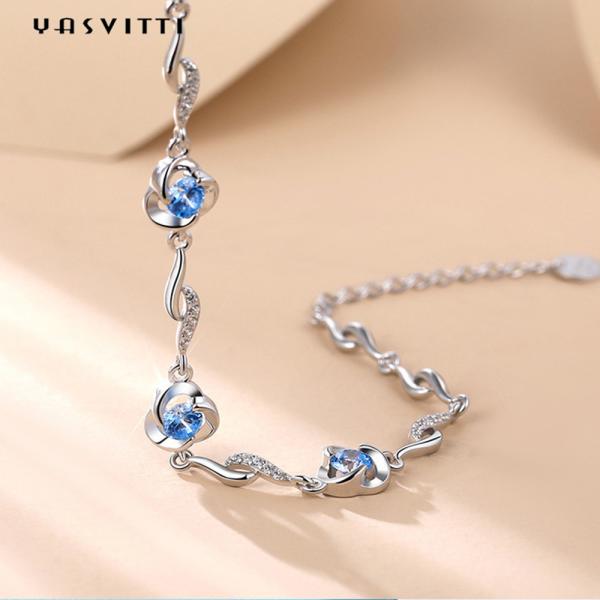 7.3in 5.2g Sterling Silver Jewelry Bracelets AAA CZ Blue Rhinestone Bracelet