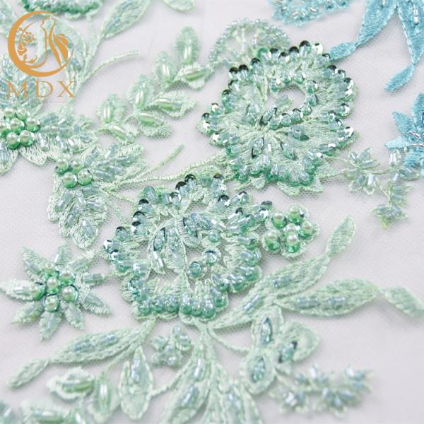MDX Mint Green Pattern Lace Fabric 91.44 Cm Length Tulle Beaded Embroidered