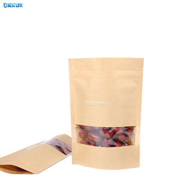 Buy Plain Kraft Waterproof Zip-lock Standing Pouch Brown Paper Bags with Clear Window at wholesale prices