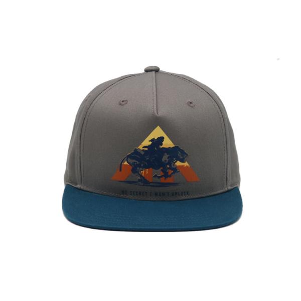 Sublimation Patch In Front Panel Flat Brim Snapback Hats 100% Cotton Twill Grey Caps