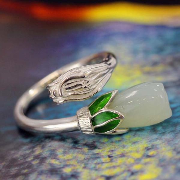 Adjustable Retro Enamel 925 Sterling Silver Natural Hetian Jade Ring (R1706191)
