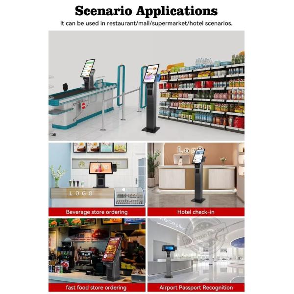 Commercial Standing Android Fast Food Restaurant Touch Screen Kiosk With Pos Barcode Scanner Ticket Printer Options
