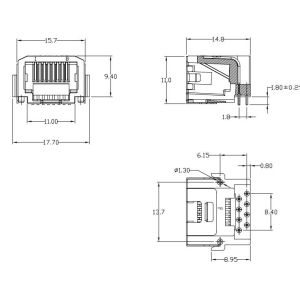 E6688-2C0222-L 1X1 Port Tab Down CAT3 RJ45 Jack 8P8C SIDE ENTRY NO LEDS