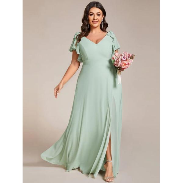 Empire Plus Size Zipper V-neck High Split A-line Short Sleeve Mint Green Chiffon Evening Dress