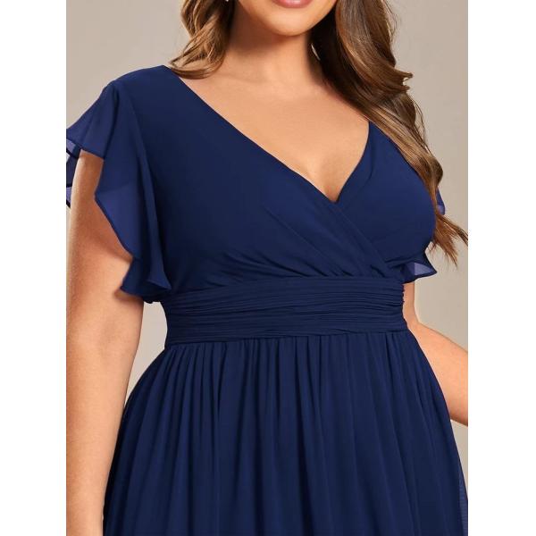 Empire Plus Size V-neck Open Back Ruffled A-line Cap Sleeves Navy Blue Chiffon Homecoming Dress