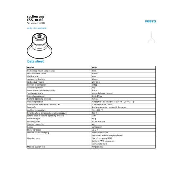 Festo ESS-30-BS Suction Cup 189384 0.95 Bar Pressure And 4.07 Cm3 Volume For Industrial