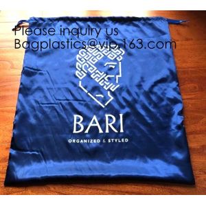 China Large Dark Navy Blue Satin Dust Bag With Drawstring,Thick Black Satin Pouch With Gold Printing, bag with Printed Ribbon on sale