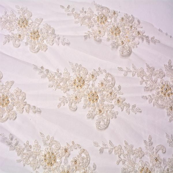 Embroidery Bridal White Wedding Lace Fabric Customized Beaded 20% Polyester
