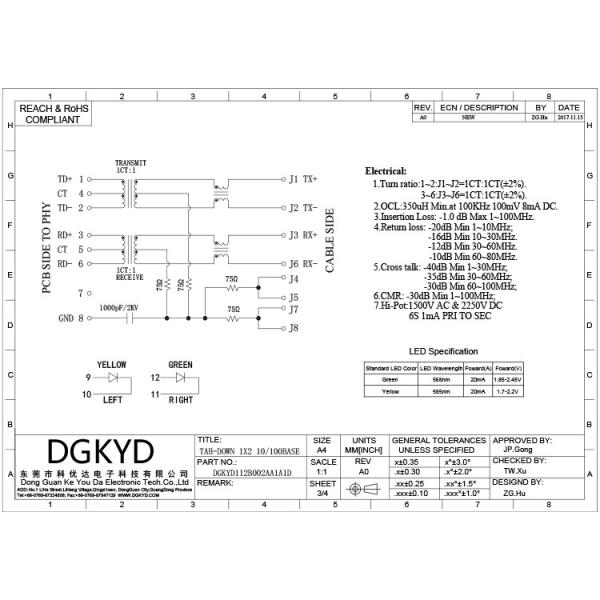 DGKYD112B002AA1A1D Rj45 1X2 8P8C 100M Integrated Filter Connector Yellow Green LED