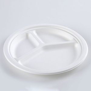 3 parts Round White Dessert Sugarcane Biodegradable sugarcane Disposable Plate