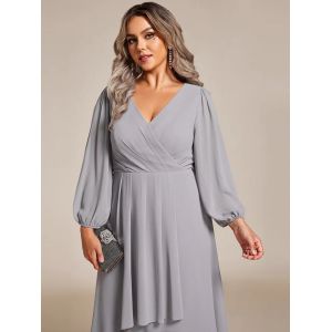 Plus Size Ruffled A-line Long Sleeve V-neck High Low Wedding Guest Grey Chiffon