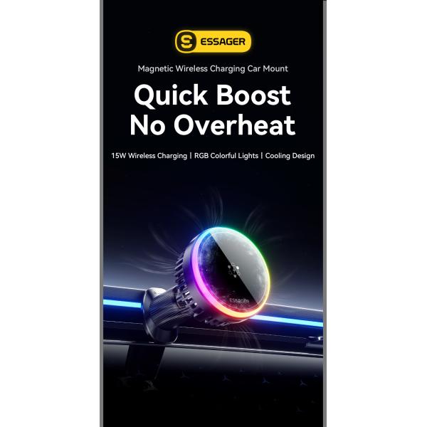 ESSAGER T2 15W Wireless Fast Charging Vacuum Suction Magnetic Car Phone Holder 360 Rotation