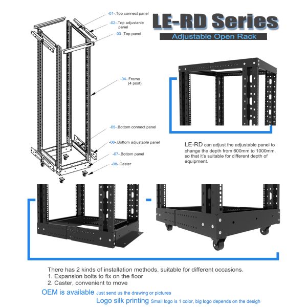LE-RD Heavy Duty Open Rack SPCC Steel Construction Powder Coated Finish Adjustable Depth Mobile Solution4 Post Open Frame Server Rack 18U-47U 600mm