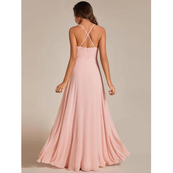 Boat Neck Empire A-line Ruffled Adjustable Spaghetti Strap Zipper Pink Chiffon Graduation Dress