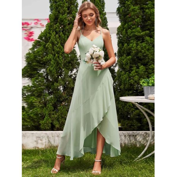 Chic Sleeveless V-neck Spaghetti Strap A-line Pink Chiffon Bridesmaid Dress With Lotus Leaf