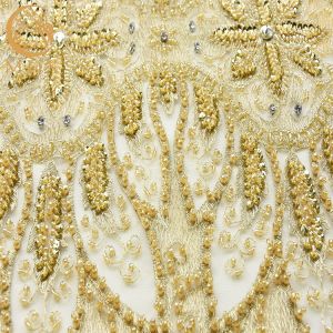 Heavy Sequined Gold Beaded Lace Fabric Soft Handmade 80% Nylon