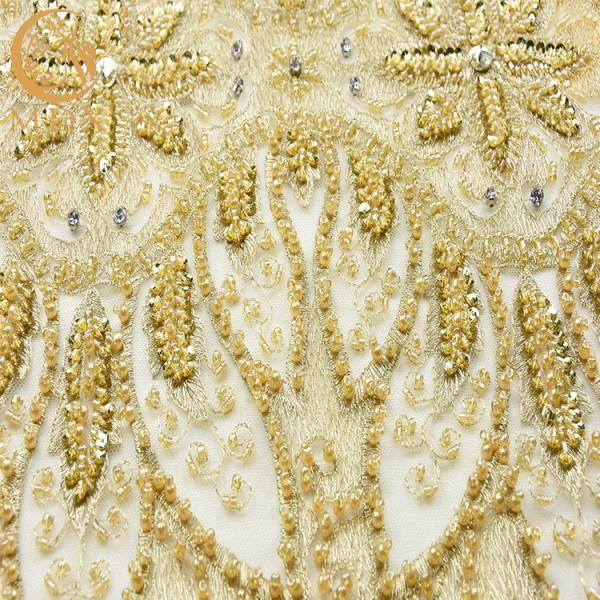 Heavy Sequined Gold Beaded Lace Fabric Soft Handmade 80% Nylon