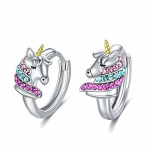 925 Sterling Silver Unicorn Huggie Earrings 16mm Pink CZ for Kids