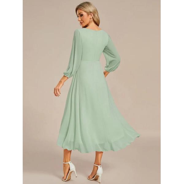 Elegant Empire Long Sleeve V-neck High Low A-line Ruffled Midi Mint Green Chiffon Wedding Guest Evening Dress