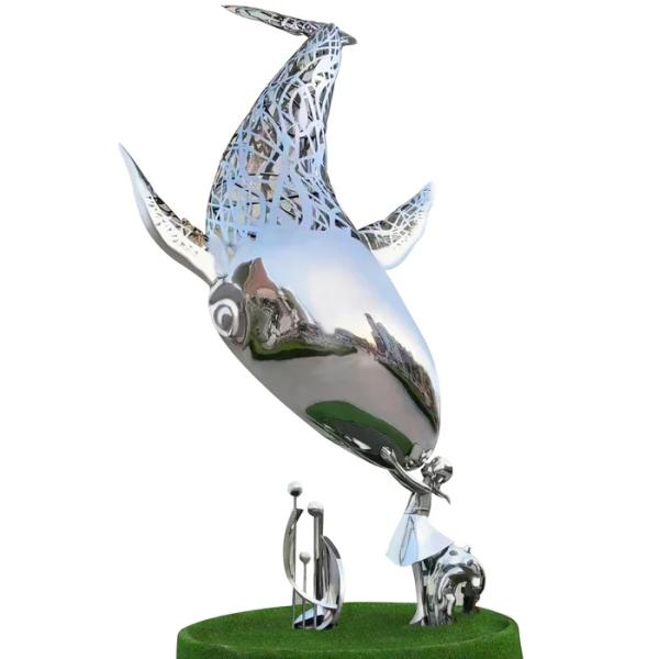 Urban Night Illuminated Stainless steel Whale Sculpture With Light