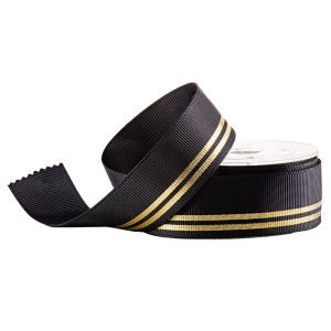 Black Printed Grosgrain Ribbon Foil Gold Lines For Luxury Fragrance Packaging