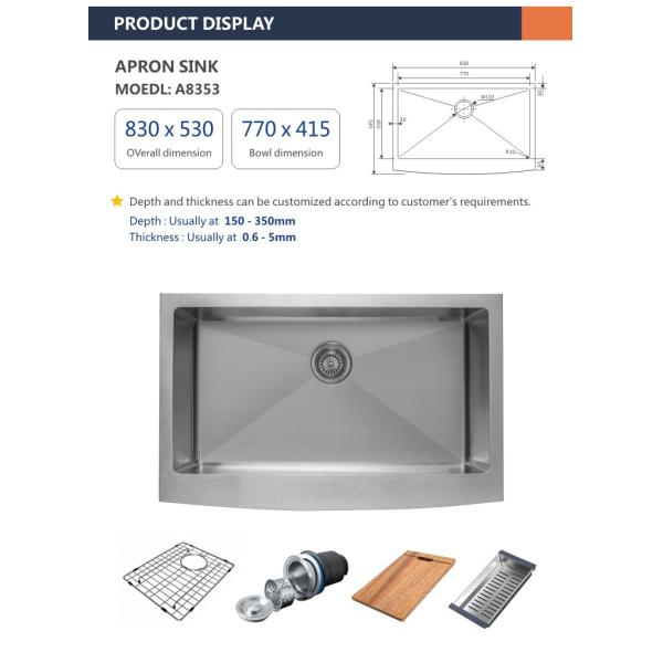 33 Inch Apron Stainless Steel Kitchen Sink 83x54 16 Gauge Single Bowl Brushed