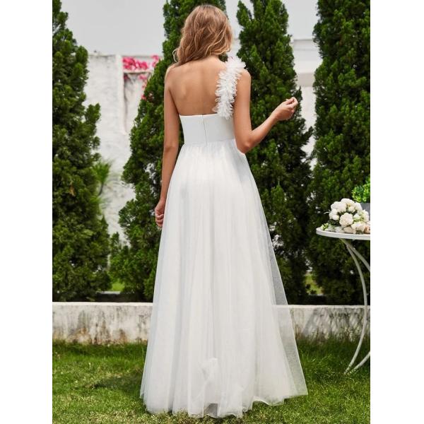 Exquisite One-shoulder Sweetheart Ruffled A-line Zipper Pleated High Slit White Tulle Bridesmaid Dress