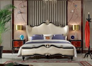 Luxury home furniture Leather Bedroom furniture set of King bed in Leather upholstered by high glossy painting furniture