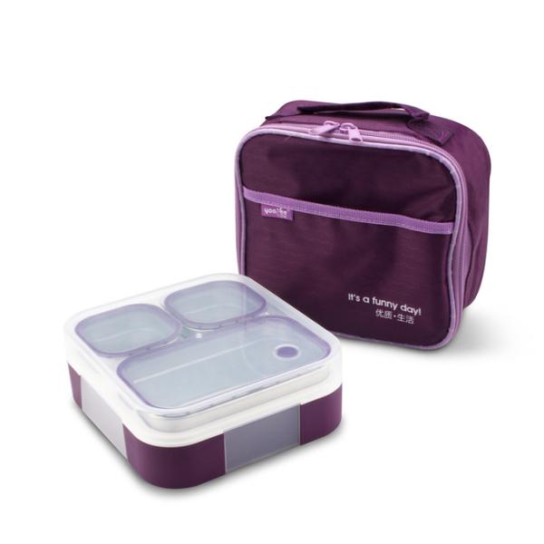 3 Compartment Stainless Steel Leak Proof Lunch Box with Lunch Bag 720ml Purple