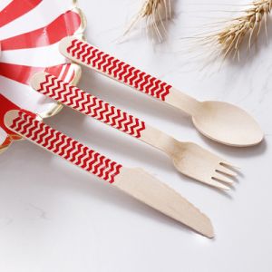 Red Stripe Cutlery Disposable Biodegradable Wooden Tableware Utensils
