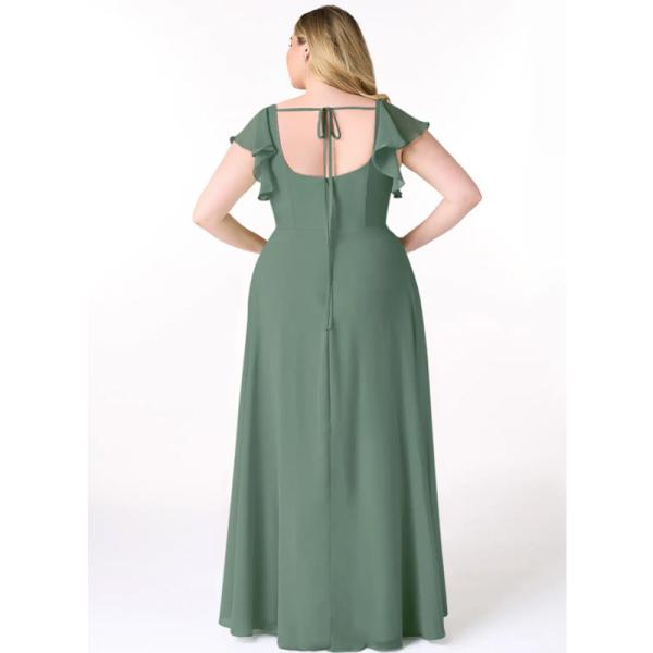 New Arrived Summer Flowy Ruffled Chiffon Long Evening Dress Cap Sleeve Square Neck Ruched
