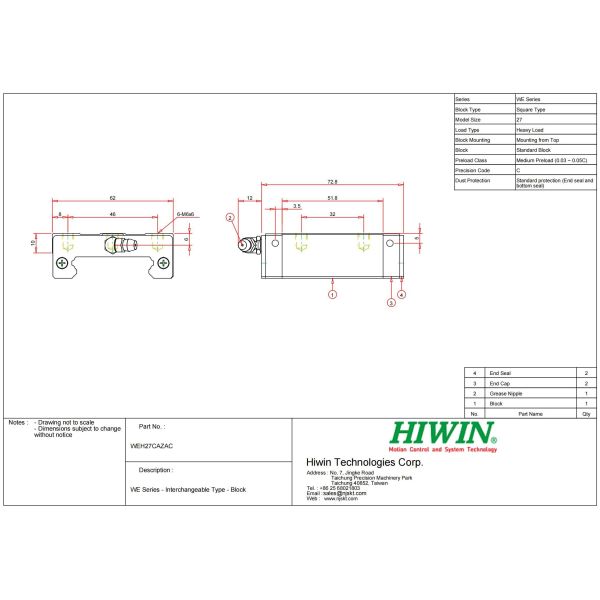 WEH27CA HIWIN Linear Guide 27mm Size Highly Accurate CNC Linear Guide Kit