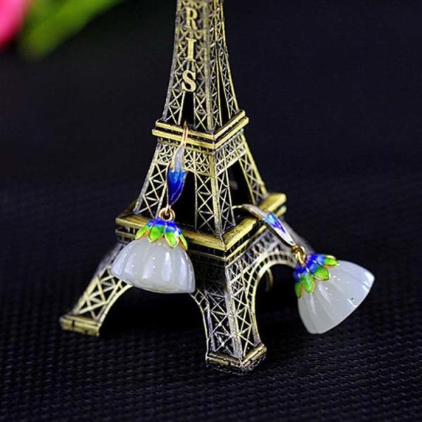 Retro Enamel 925 Silver Natural Hetian Jade Dangel Earrings (E17060201)