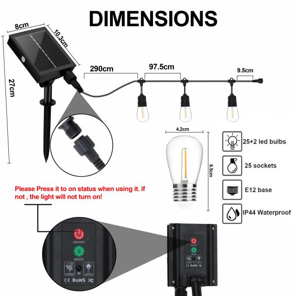 Rechargeable Solar Powered Festoon Lights Edison 3M Cable For Bistro
