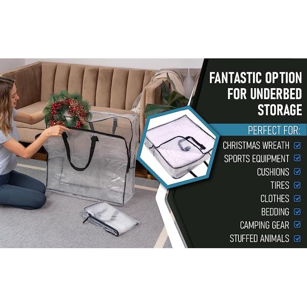 Fantastic option for underbed storage. Woman putting a wreath inside a extra-large clear storage bag