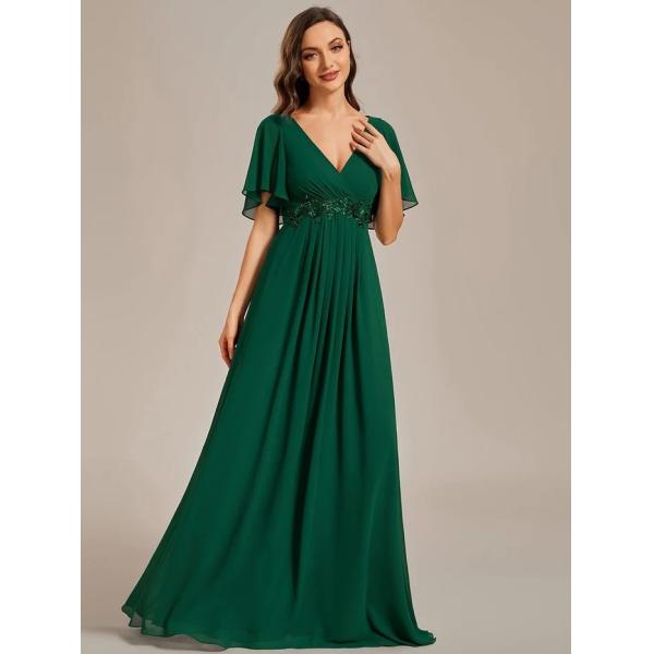 Sexy Empire Applique A-line Short Flutter Sleeves V-neck Invisible Zipper Dark Green Chiffon Evening Dress